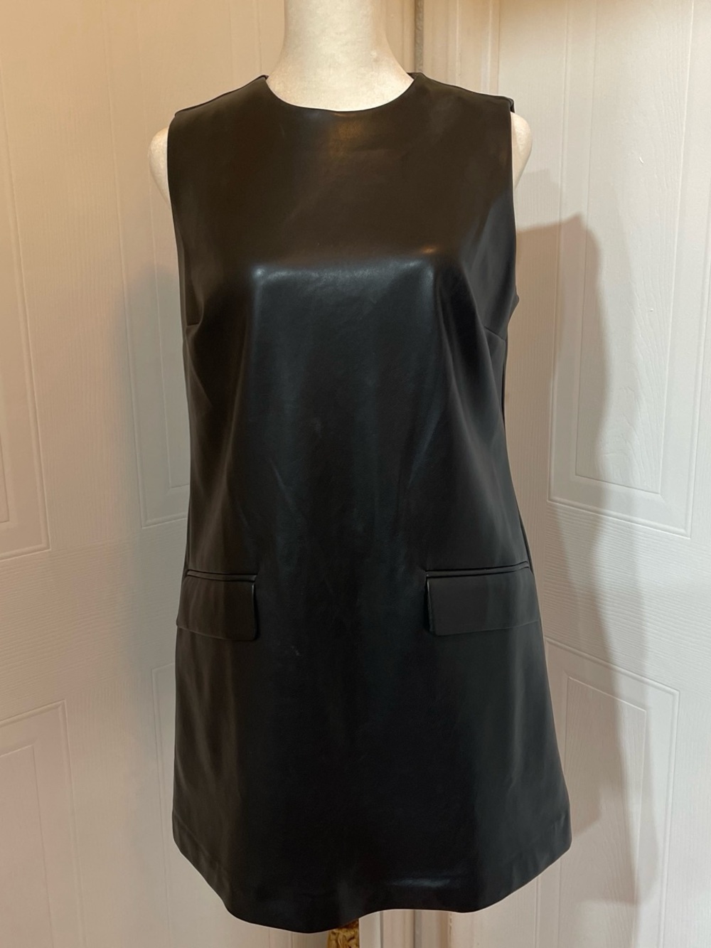 GAP Black Faux Leather Shift Dress with Flap Pockets size S